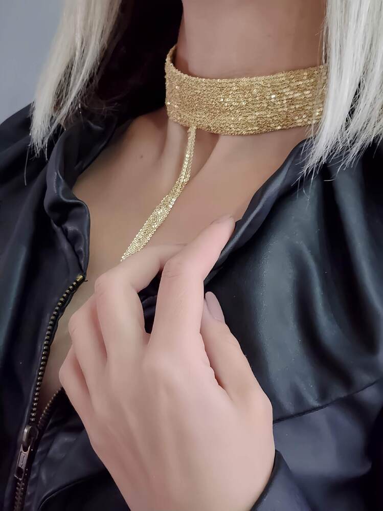 15 Sıralı Zincir Dokuma Sallantılı Vücut Tasma Choker Gold El Yapımı Kolye - 1341