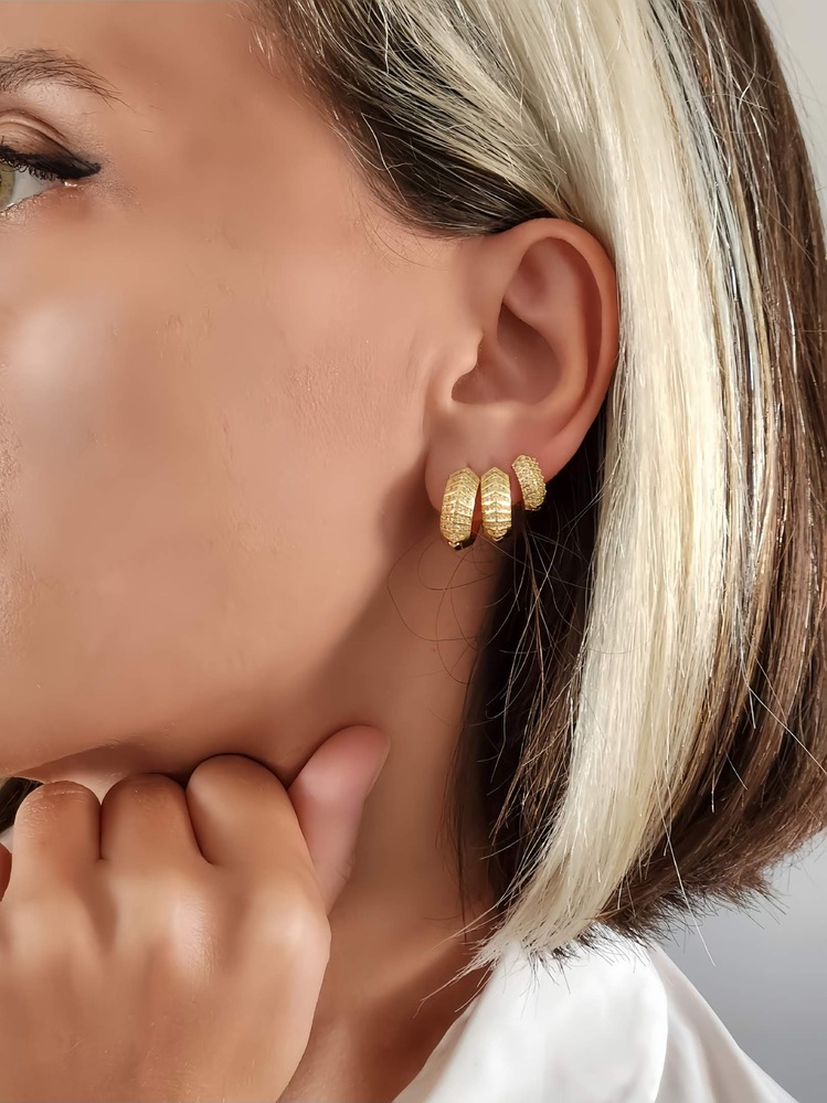6'lı Oval Minimalist Hoop Zirkon Taşlı Altın Kaplama Gold Renk Küpe Seti - 1274