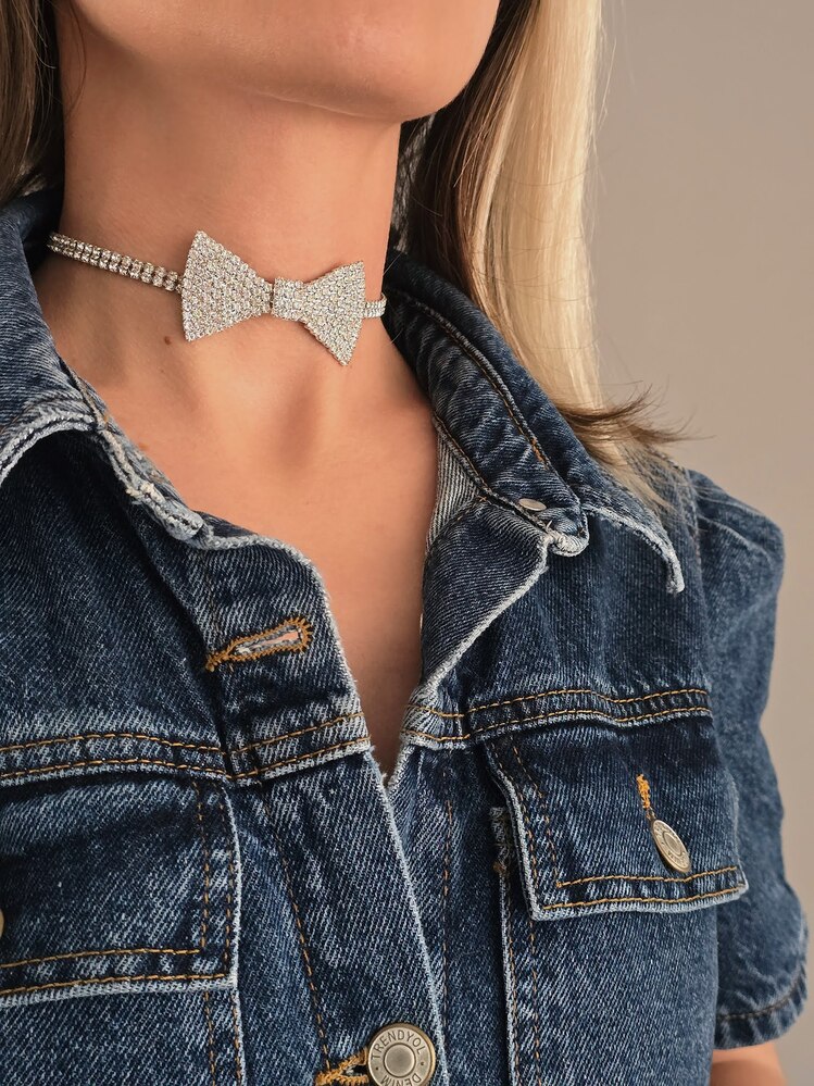 Papyon Model Rhinestone Choker Tasma Model Gümüş Renk Kolye- 1388