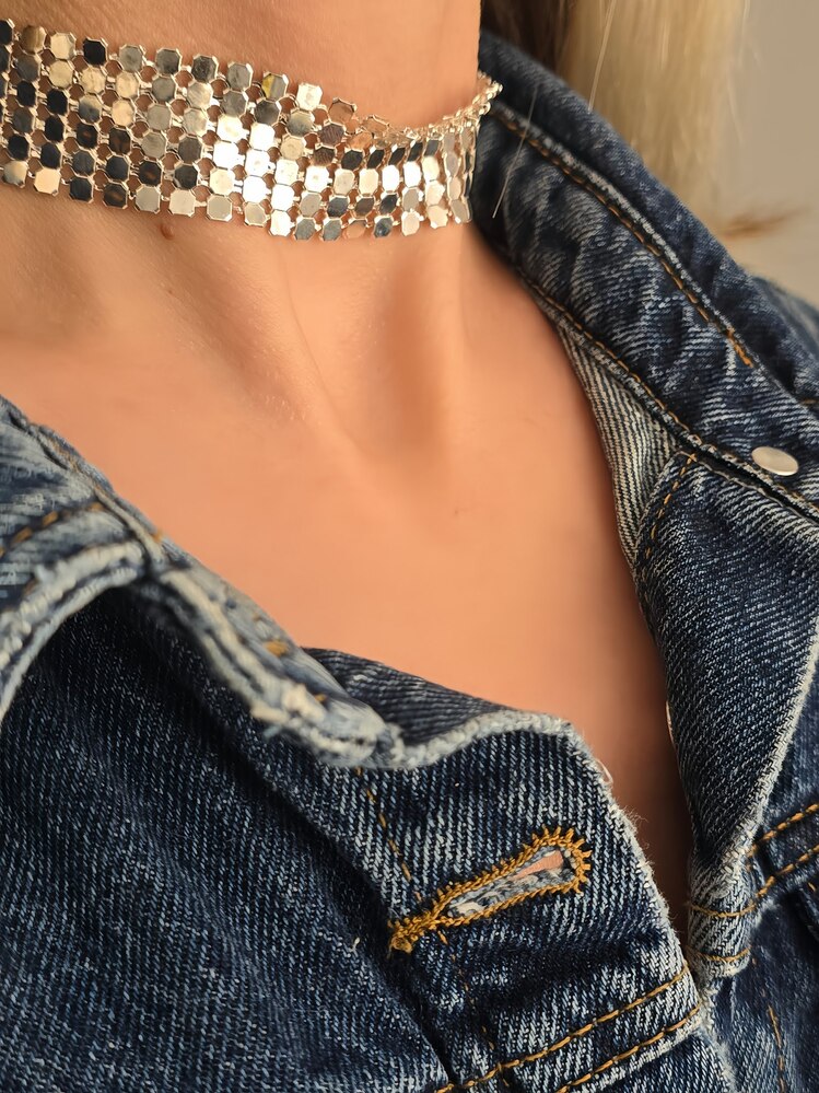 Arpa Pul Payet Zırh Metal Model Gümüş Choker Kolye - 1395
