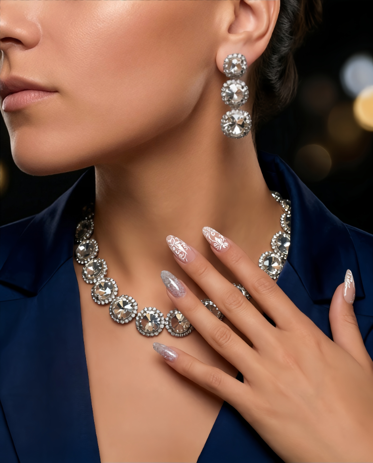 Riviere Kristal Taşlı Çiçek Model Şeffaf Renkli Kolye Küpe Set - 1866