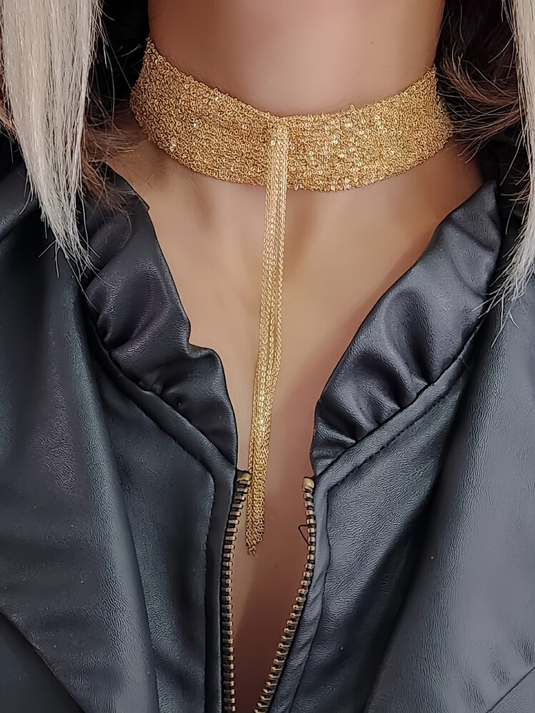 15 Sıralı Zincir Dokuma Sallantılı Vücut Tasma Choker Gold El Yapımı Kolye - 1341
