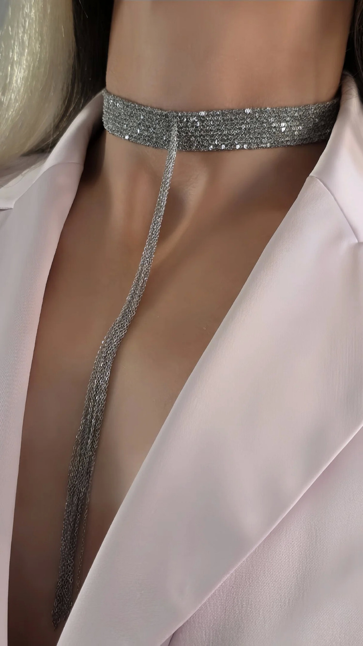8 Sıralı Zincir Dokuma Sallantılı Vücut Tasma Choker Silver Renk El Yapımı Kolye - 1707