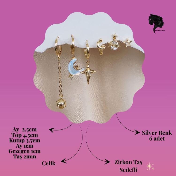 6'lı Ay Top Gezegen Yıldız Figürlü Gold Renk Küpe Seti - 1749