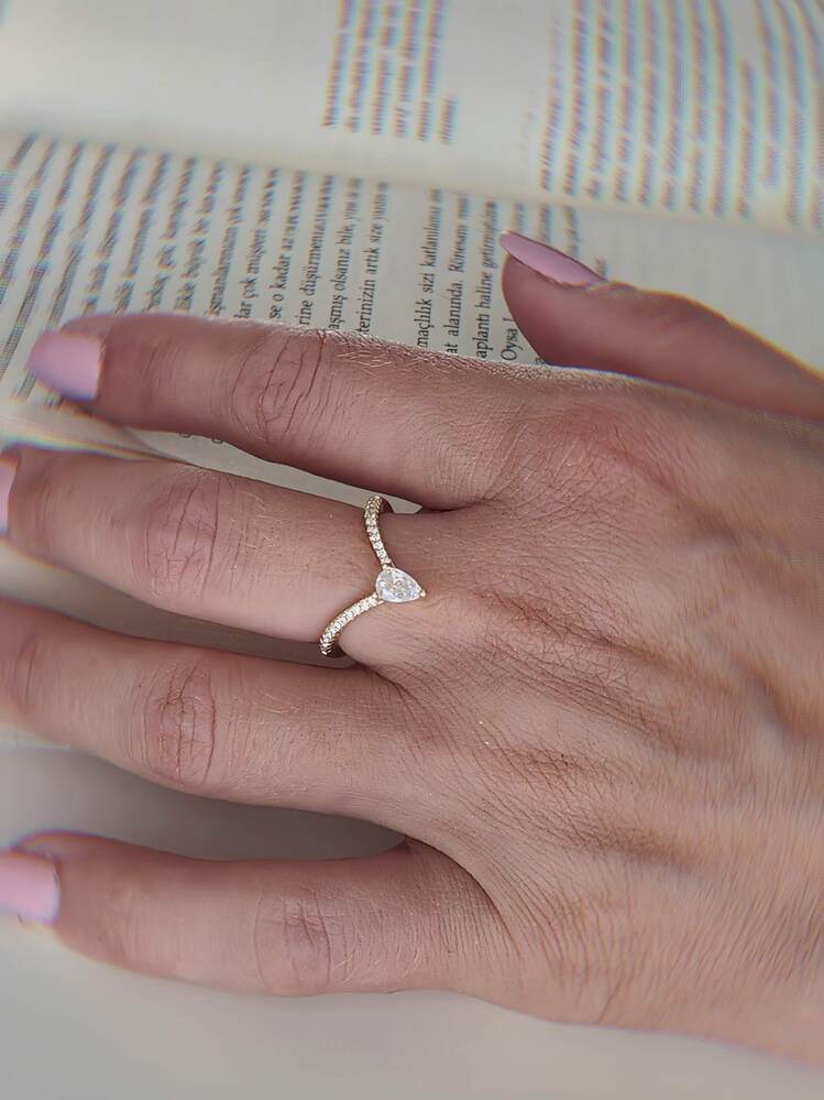 V Model Damla Zirkon Taşlı Ayarlanabilir Silver Gümüş Renkli Yüzük - 1648
