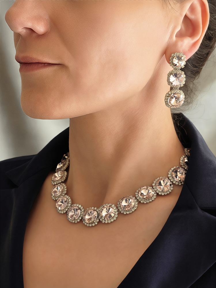 Riviere Kristal Taşlı Çiçek Model Pembe Renkli Kolye Küpe Set - 1864