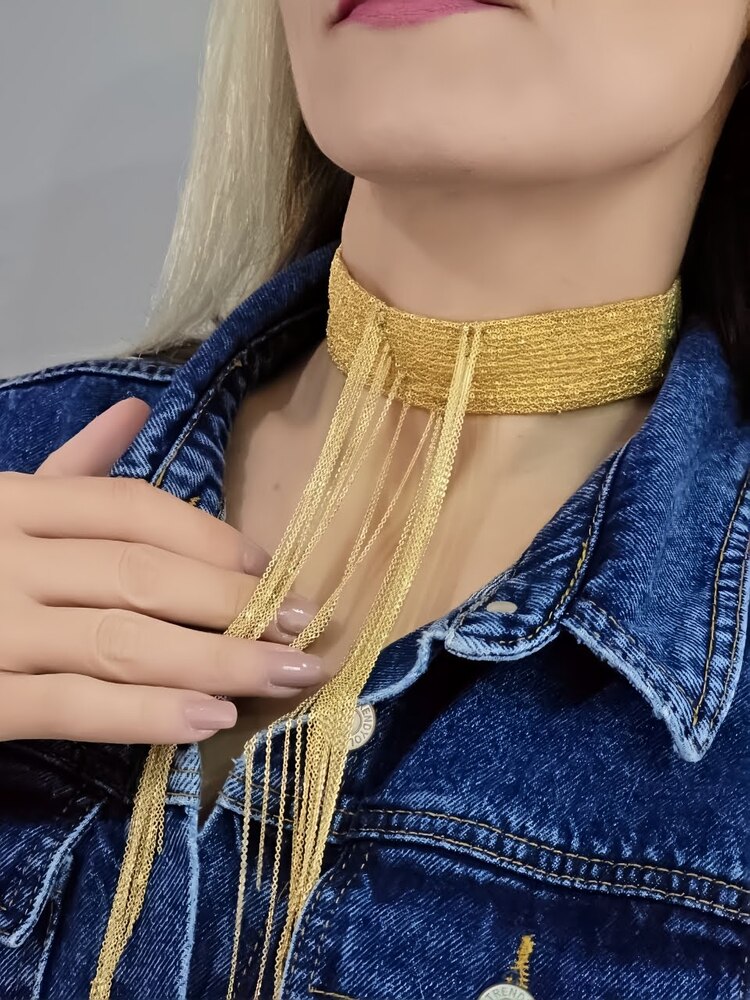 15 Sıralı Zincir V Model Dokuma Sallantılı Tasma Choker El Yapımı Altın Renk Kolye - 1383
