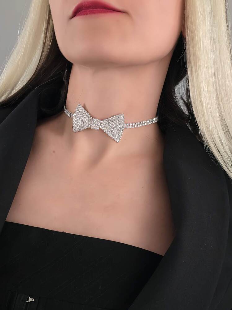 Papyon Model Rhinestone Choker Tasma Model Gümüş Renk Kolye- 1388