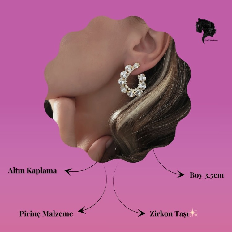 Çiçek Model Zirkon Taşlı Abiye Gold Renk Küpe - 1738