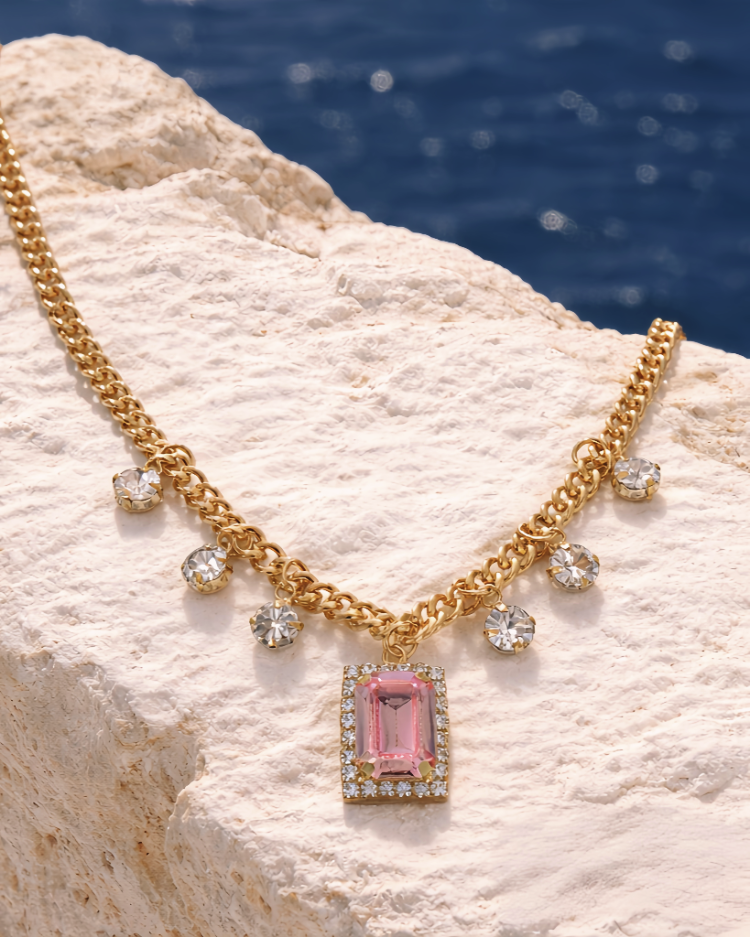 Baget Model Zirkon Taşlı Gold Pembe Renkli Çelik Kolye - 1859