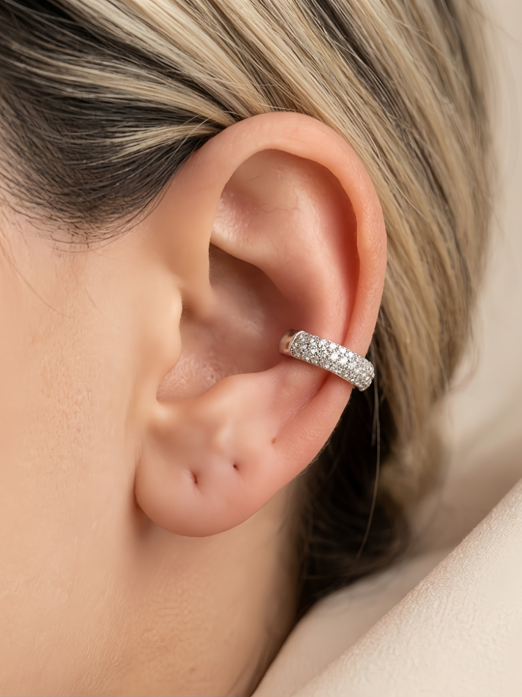 Minimal Işıltılı Zirkon Taşlı Kıkırdak Cuff Gümüş Renk Küpe - 1818