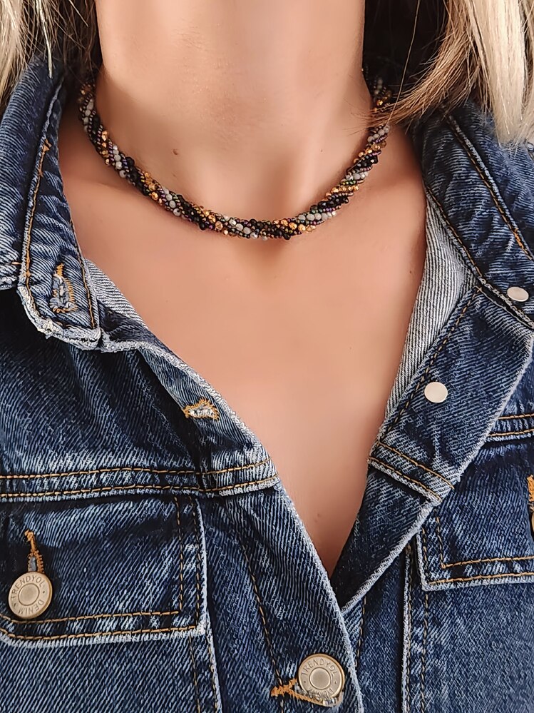 Etnik Bohem Sarmal Dönmeli Model Kristal Siyah Gold Renkli Taşlı Kristal Boncuk Kolye - 1366