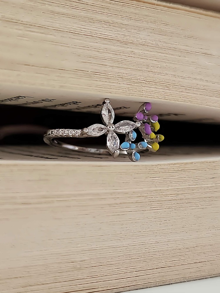 Çiçek Model Taşlı Mineli Gümüş Silver Renk Eklem Yüzük - 1306