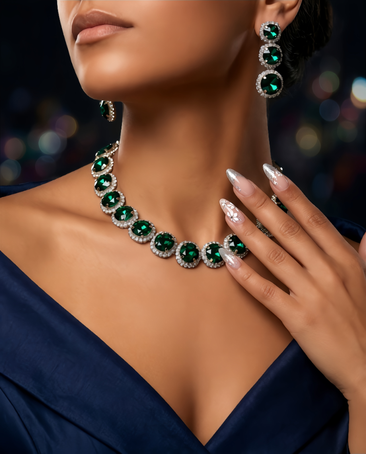 Riviere Kristal Taşlı Çiçek Model Yeşil Renkli Kolye Küpe Set - 1865