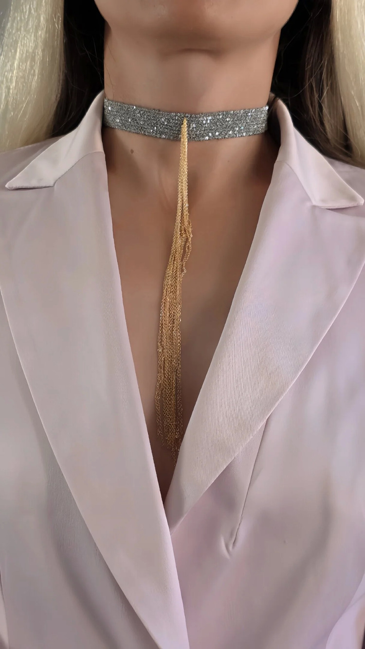 8 Sıralı Zincir Dokuma Sallantılı Vücut Tasma Choker Gümüş Gold Renk El Yapımı Kolye- 1709