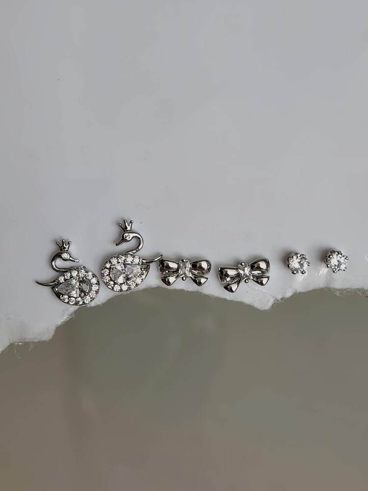 6'lı Kuğu Fiyonk Model Minima Gümüş Silver Renkli Küpe Seti- 1551
