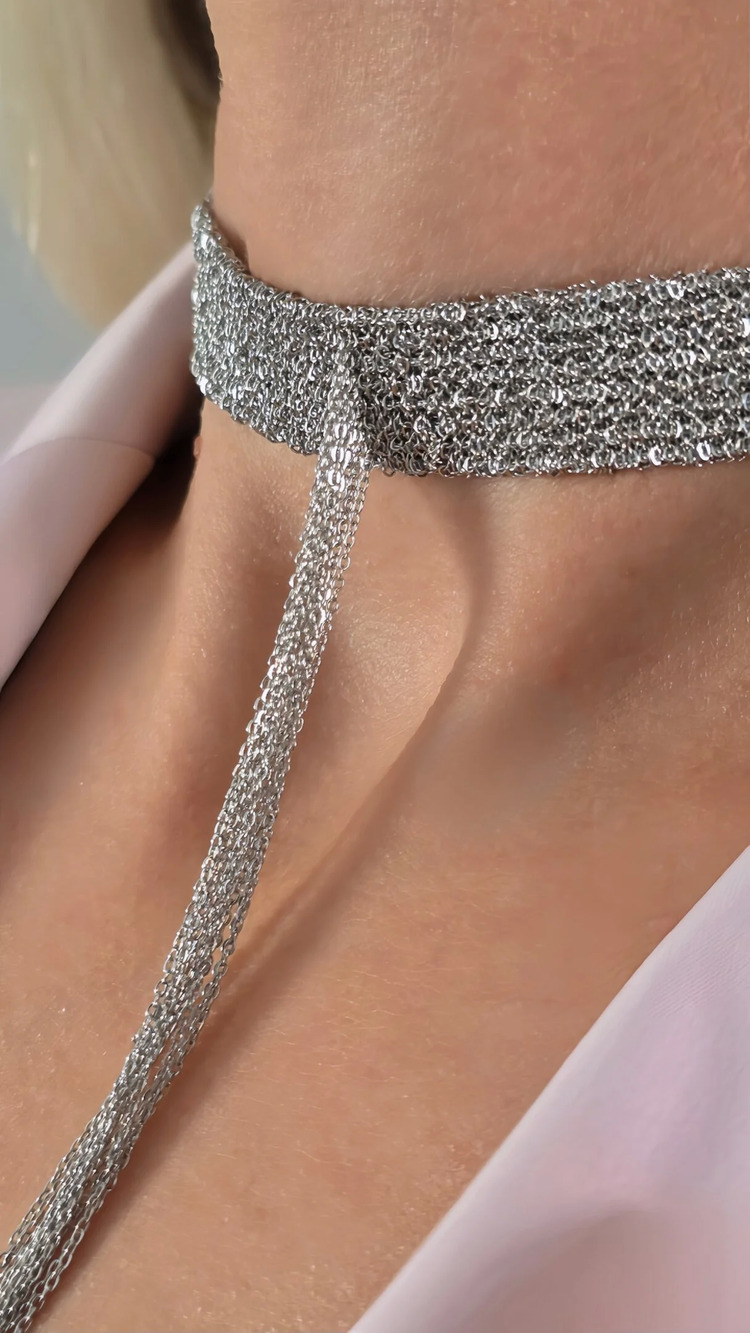 8 Sıralı Zincir Dokuma Sallantılı Vücut Tasma Choker Silver Renk El Yapımı Kolye - 1707