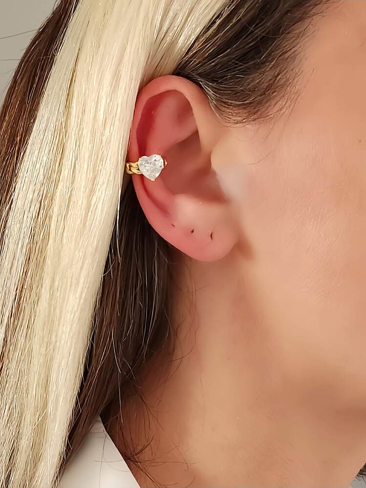 Kalp Model Zirkon Taşlı Model Gold Renkli Kıkırdak Sıkıştırmalı Küpe Earcuff- 1328