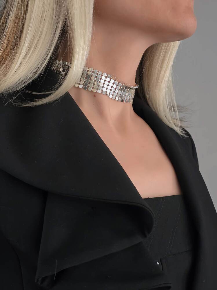 Arpa Pul Payet Zırh Metal Model Gümüş Choker Kolye - 1395