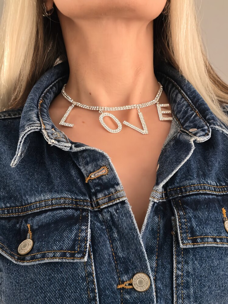 Love Aşk Kristal Taşlı Party Style Gümüş Renk Kolyee - 1386