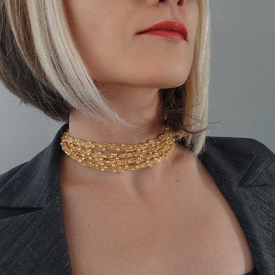 Top Zincir Modüler Örme Çelik Zincir Uzun Konsept Altın Kaplama Gold Renk Kolye - 1078