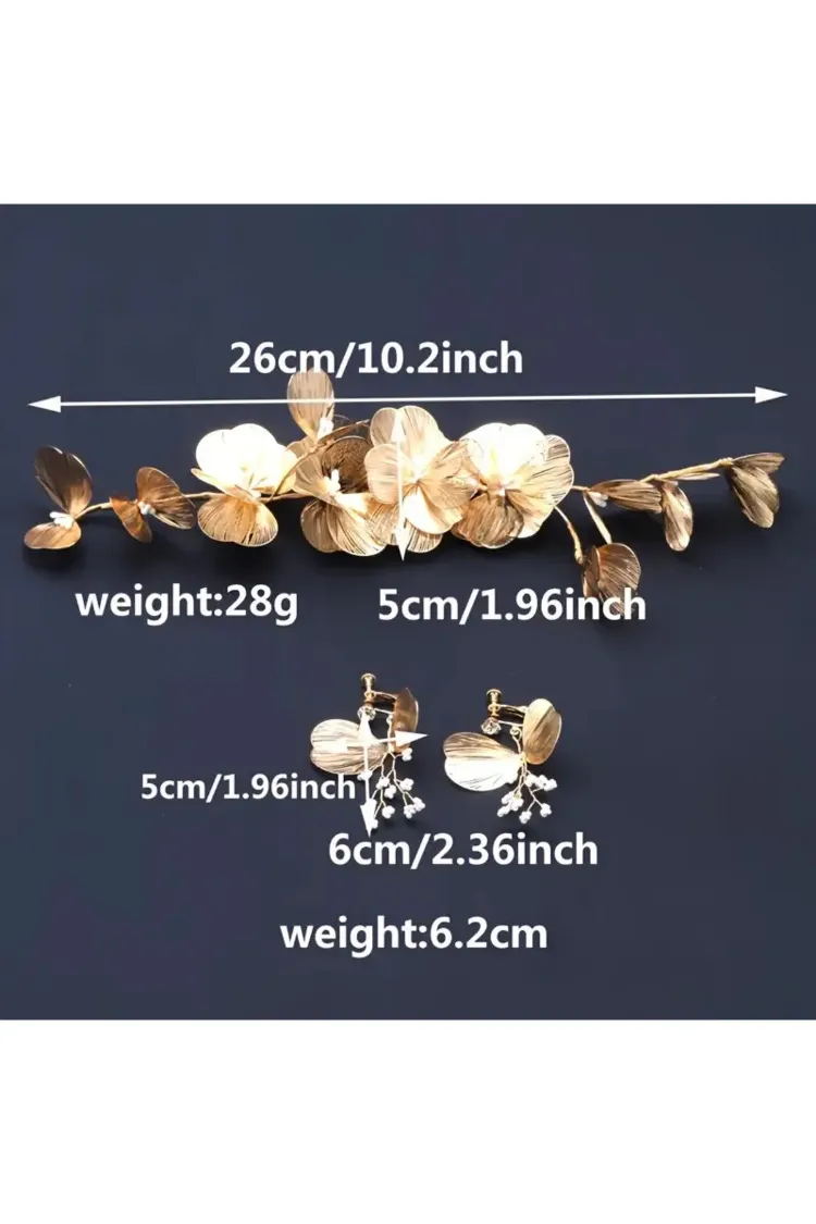 Gold Çiçekli Gelin Saç Aksesuar Seti Ve Çiçekli Bir Çift Küpe