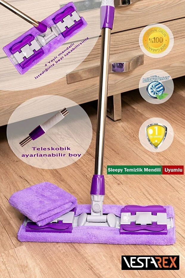 Yedek Bezli Yer Mopu Duvar Fayans Cam Temizlik Mikrofiber 4 Mandallı Mop(MOR)