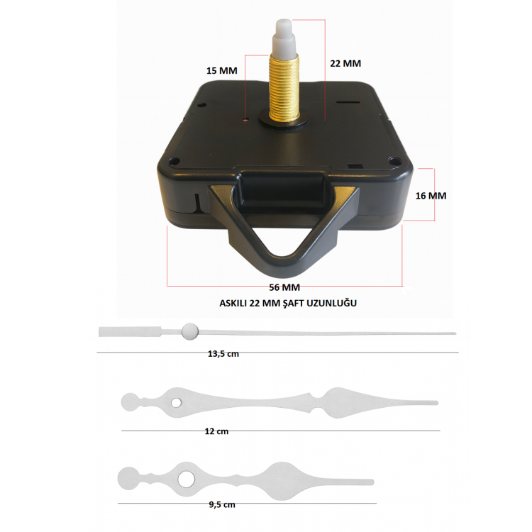 Askılı 22 mm Şaft Akar Sessiz Duvar Saati Mekanizması -Metal akrep-yelkovan-saniye