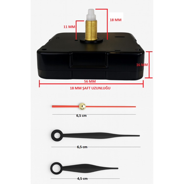 Askısız 18 mm Şaft Akar Sessiz Duvar Saati Mekanizması -Metal akrep-yelkovan-saniye