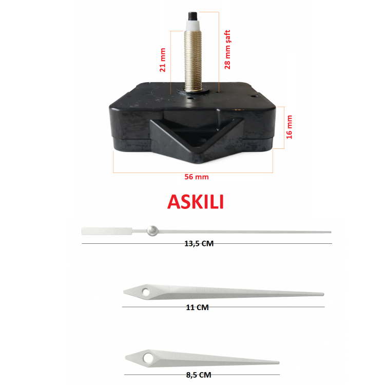 Askılı 28 mm Şaft  Akar Sessiz Duvar Saati Mekanizması -Metal akrep-yelkovan-saniye