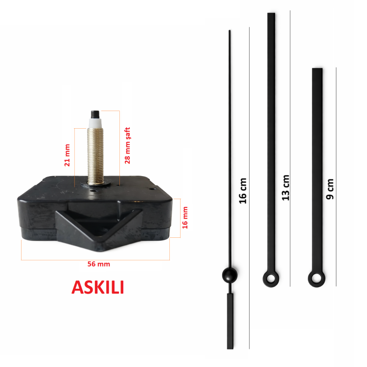 Askılı 28 mm Şaft Akar Sessiz Duvar Saati Mekanizması -Metal akrep-yelkovan-saniye