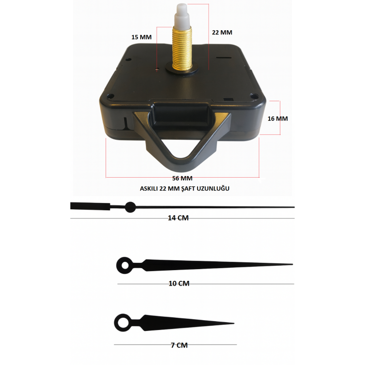 Askılı 22 mm Şaft Akar Sessiz Duvar Saati Mekanizması -Metal akrep-yelkovan-saniye
