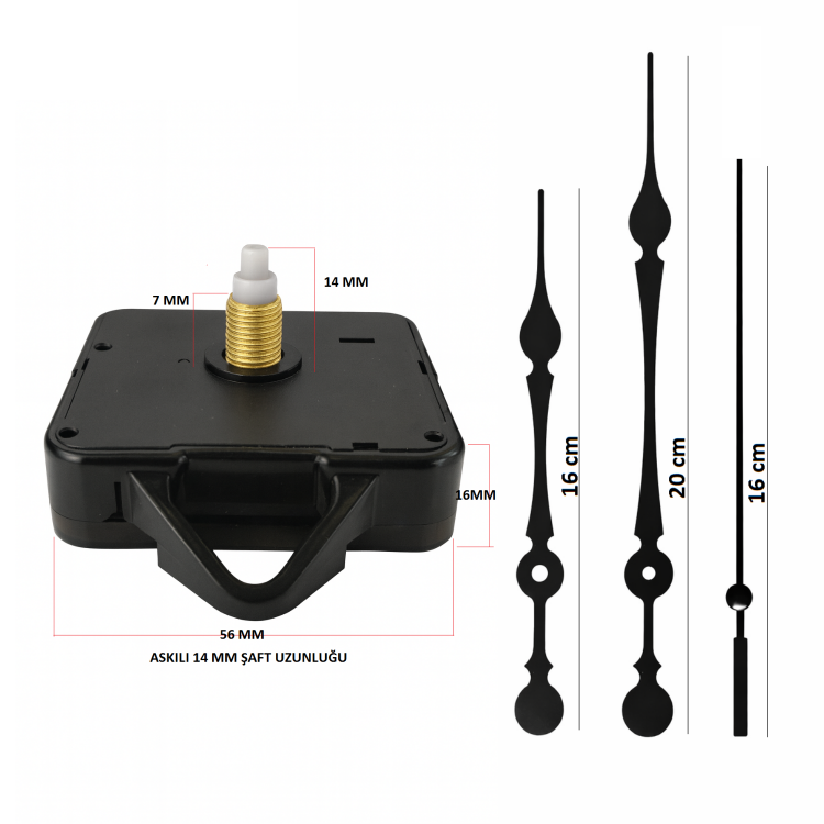 Askılı 14 mm Şaft Akar Sessiz Duvar Saati Mekanizması -Metal akrep-yelkovan-saniye