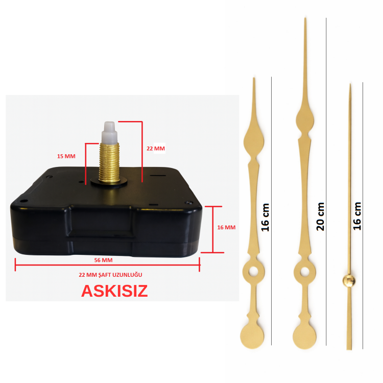 Askısız 22 mm Şaft Akar Sessiz Duvar Saati Mekanizması -Metal akrep-yelkovan-saniye