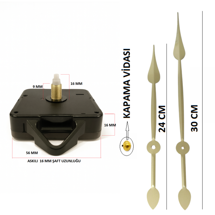 Askılı 16 mm Şaft Akar Sessiz Duvar Saati Mekanizması -Metal akrep-yelkovan-saniye