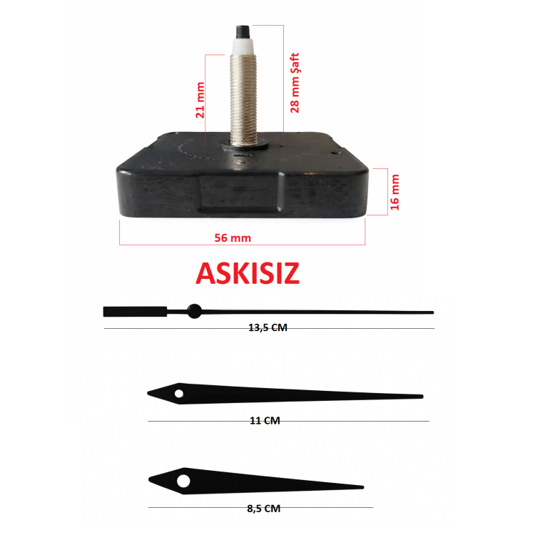 Askısız 28 mm Şaft Akar Sessiz Duvar Saati Mekanizması -Metal akrep-yelkovan-saniye