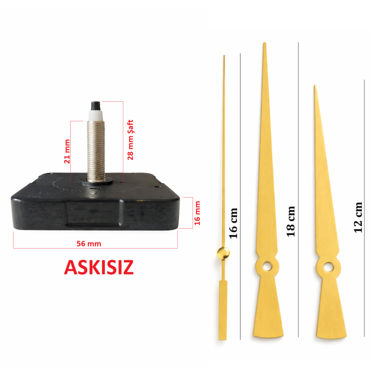 Askısız 28 mm Şaft  Akar Sessiz Duvar Saati Mekanizması -Metal akrep-yelkovan-saniye