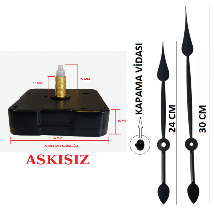 Askısız 22 mm Şaft Akar Sessiz Duvar Saati Mekanizması -Metal akrep-yelkovan-saniye