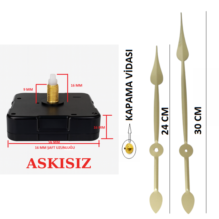 Askısız 16 mm Şaft Akar Sessiz Duvar Saati Mekanizması -Metal akrep-yelkovan-saniye