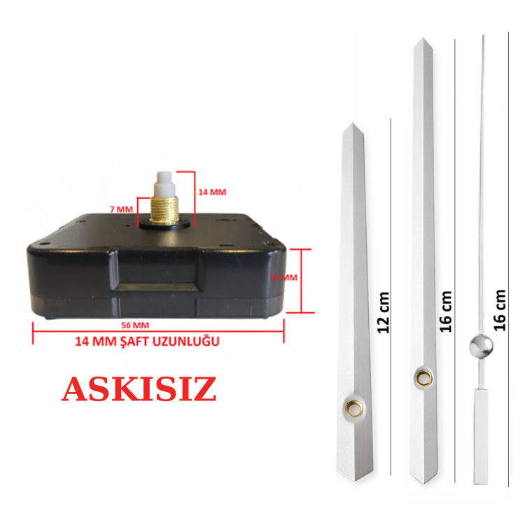 Askısız 14 mm Şaft  Akar Sessiz Duvar Saati Mekanizması -Metal akrep-yelkovan-saniye
