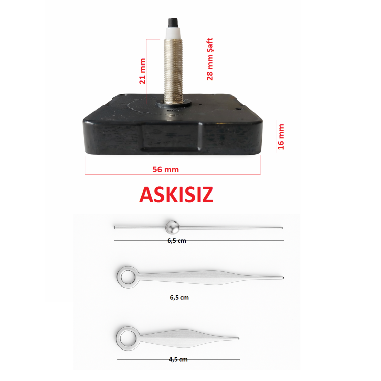 Askısız 28 mm Şaft Akar Sessiz Duvar Saati Mekanizması -Metal akrep-yelkovan-saniye