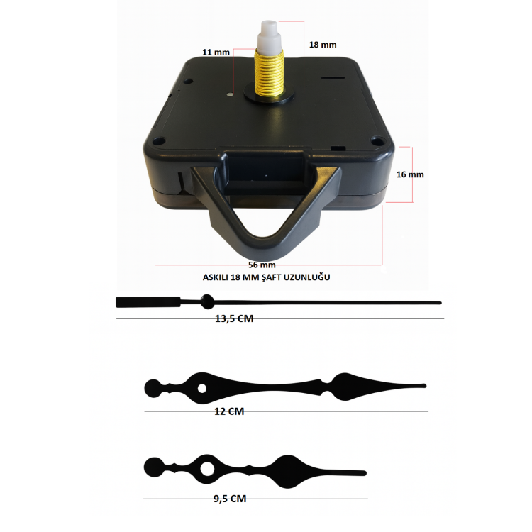 Askılı 18 mm Şaft Akar Sessiz Duvar Saati Mekanizması -Metal akrep-yelkovan-saniye