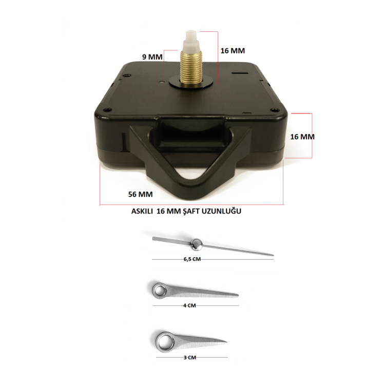 Askılı 16 mm Şaft Akar Sessiz Duvar Saati Mekanizması -Metal akrep-yelkovan-saniye