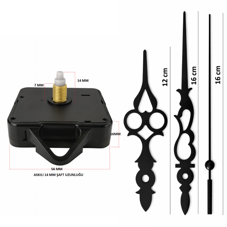 Askılı 14 mm Şaft Akar Sessiz Duvar Saati Mekanizması -Metal akrep-yelkovan-saniye