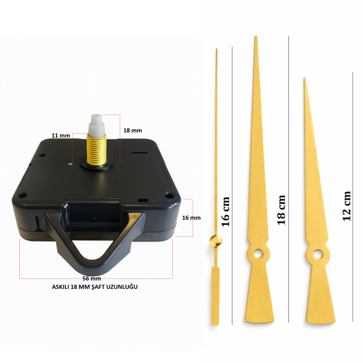 Askılı 18 mm Şaft Akar Sessiz Duvar Saati Mekanizması -Metal akrep-yelkovan-saniye