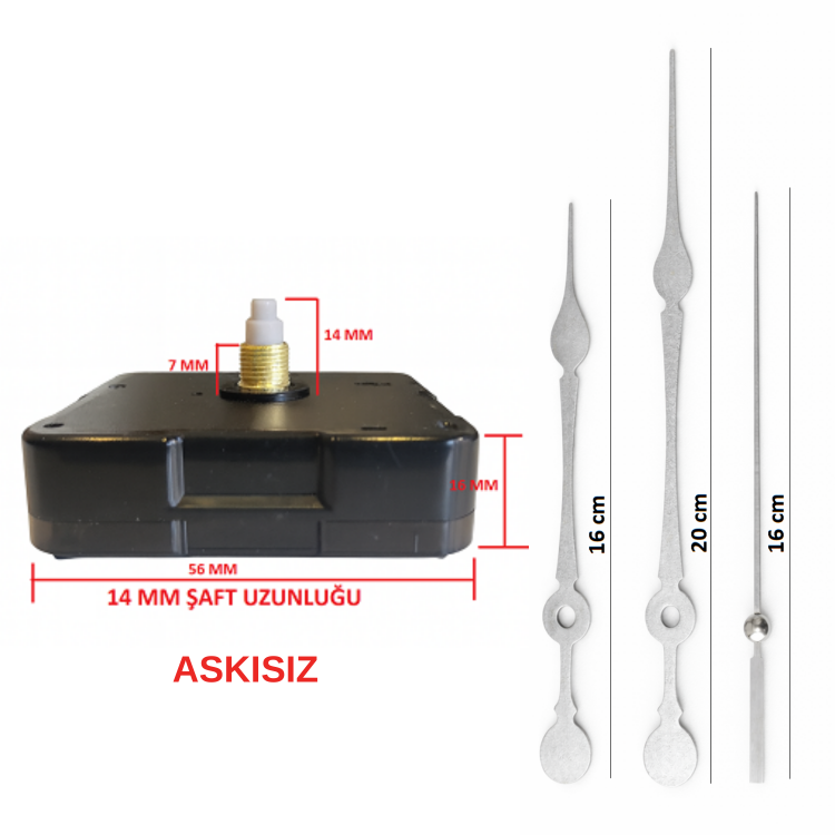 Askısız 14 mm Şaft Akar Sessiz Duvar Saati Mekanizması -Metal akrep-yelkovan-saniye
