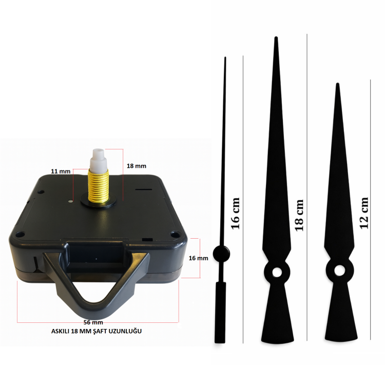 Askılı 18 mm Şaft Akar Sessiz Duvar Saati Mekanizması -Metal akrep-yelkovan-saniye
