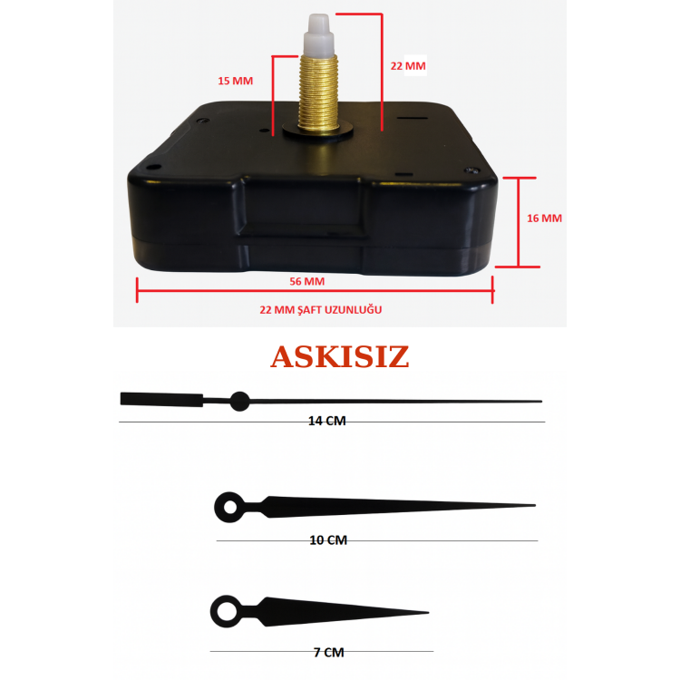 Askısız 22 mm Şaft Akar Sessiz Duvar Saati Mekanizması -Metal akrep-yelkovan-saniye