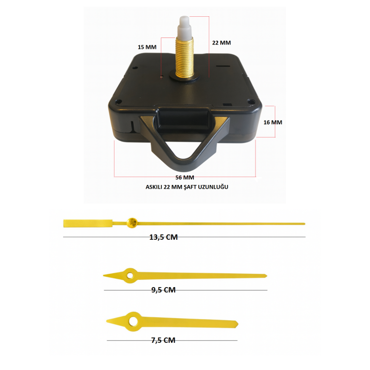 Askılı 22 mm Şaft  Akar Sessiz Duvar Saati Mekanizması -Metal akrep-yelkovan-saniye