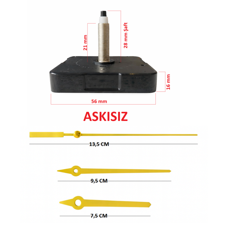 Askısız 28 mm Şaft  Akar Sessiz Duvar Saati Mekanizması -Metal akrep-yelkovan-saniye